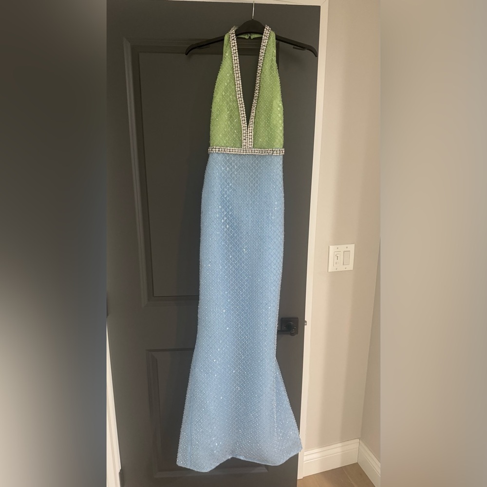 Retrofete Green and Light Blue Sequin Halter Gown - Picture 2 of 3